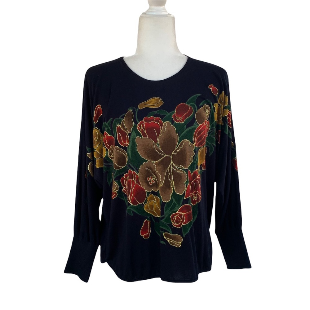 Vintage Dolman Sleeve Black Top with Large Floral Print